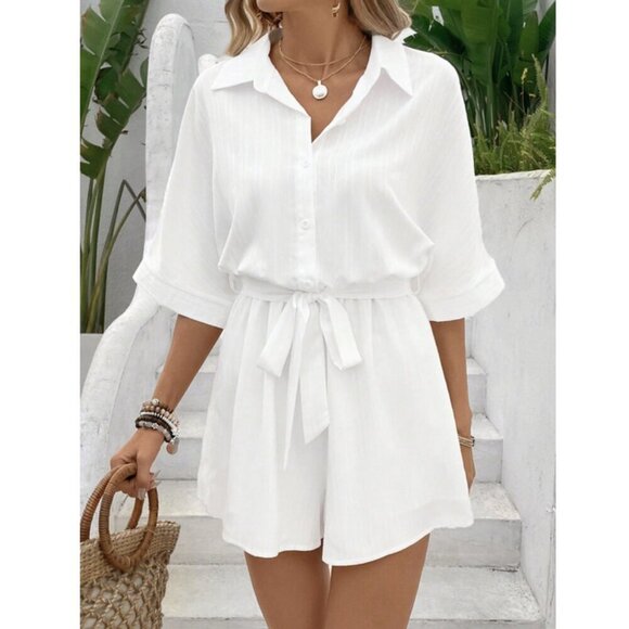 White Women's Summer Solid Color Shirt Romper /Jumpsuit beachy wedding vacay - Picture 1 of 4